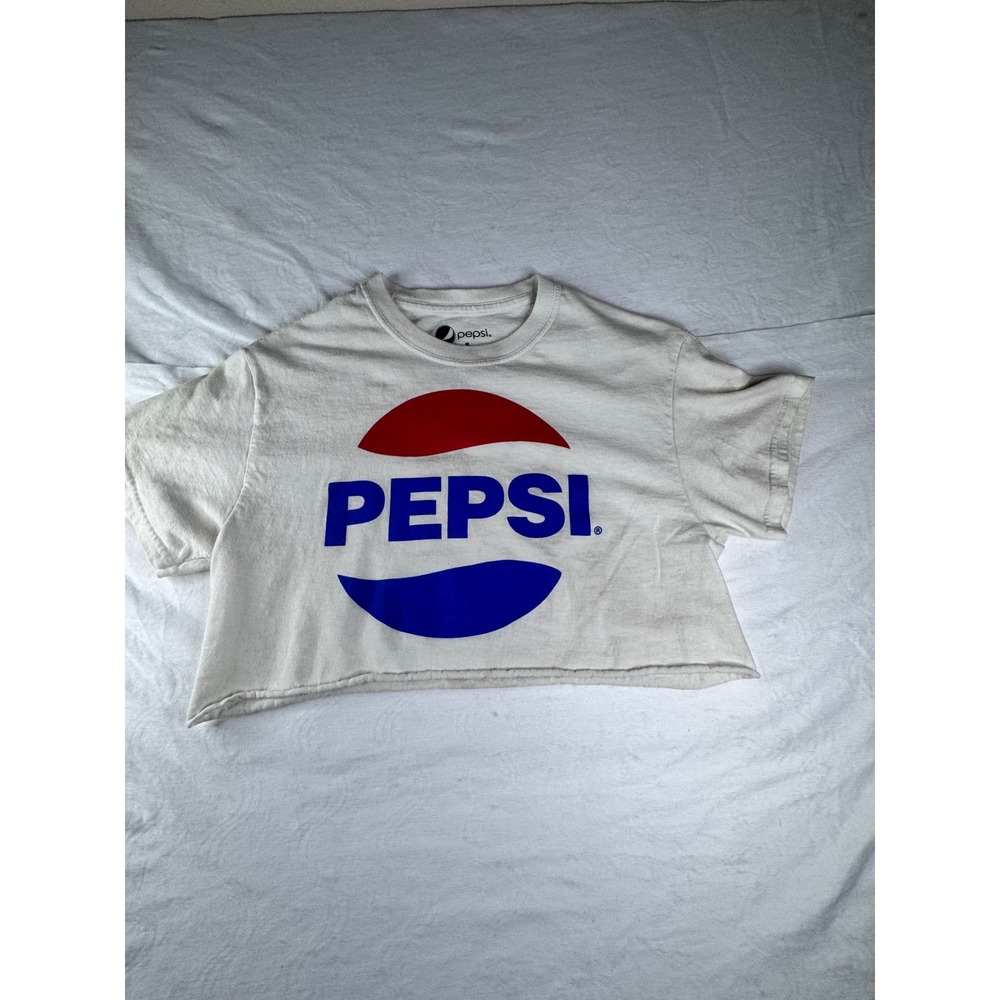 Pepsi Graphic Crop Top Womens Small White Excellent Raw Hem Vintage Style Tee